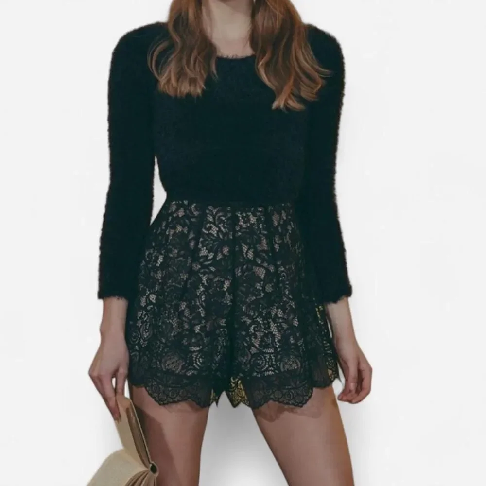 For Love & Lemons Knitz Francoise Fuzzy Lace Romper – Black Open Back Bow S - Picture 2 of 8